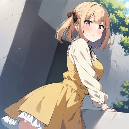 1girl, iijima yun, new game!, aged up, yellow dress, frilly dress, outdoors, masterpiece, best quality, absurdres, very aesthetic