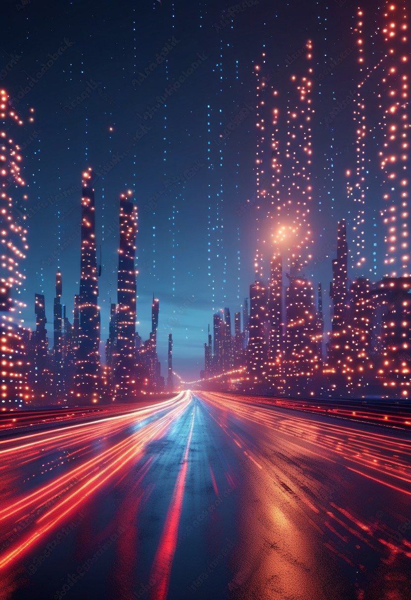 codeandigital,c0dean0igital,cyberw0rlds, outdoors, sky, artist name, english text, no humans, night, watermark, building, scenery, web address, science fiction, city, road, cityscape, skyscraper, city lights