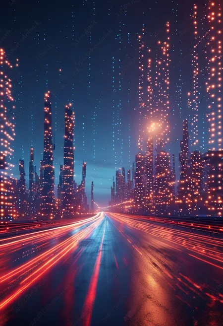 codeandigital,c0dean0igital,cyberw0rlds, outdoors, sky, artist name, english text, no humans, night, watermark, building, scenery, web address, science fiction, city, road, cityscape, skyscraper, city lights