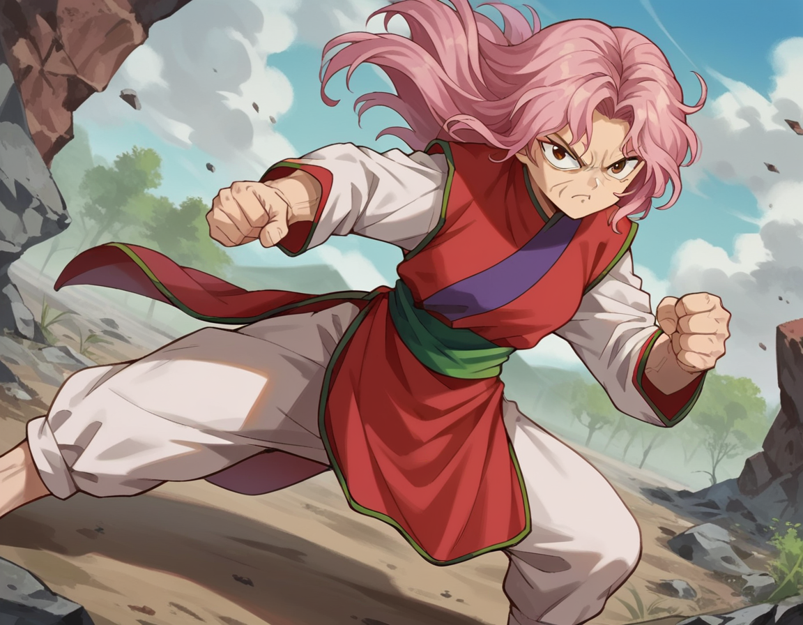 score_9, score_8_up, score_7_up, source_anime,
yyhgenkai, <lora:yyh-genkai-anime-ponyxl-lora-nochekaiser:1>,
genkai, long hair, brown eyes, pink hair, wrinkled skin, 
long sleeves, pants, sash, chinese clothes,
outdoors, wasteland, fighting stance,
looking at viewer, dutch angle, cowboy shot,