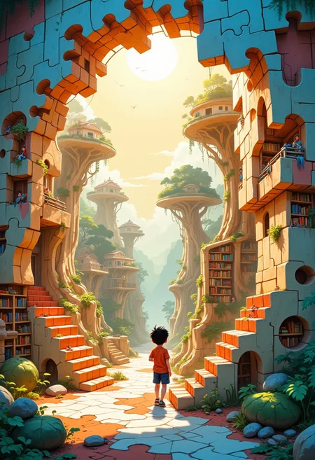 A whimsical anime-style world built entirely out of interlocking puzzle pieces, each piece depicting a different form of intelligence: one has a child painting, another shows someone playing a musical instrument, another depicts someone solving a math problem. The character is constructed from puzzle pieces themselves, subtly suggesting that intelligence is a unique combination of different strengths. The world bends in a surreal, M.C. Escher-like manner, with staircases leading in unexpected directions, bookshelves floating in mid-air, and a sense of endless discovery. The lighting is bright and cheerful, with a warm color palette, reinforcing a sense of playfulness and joy in learning.