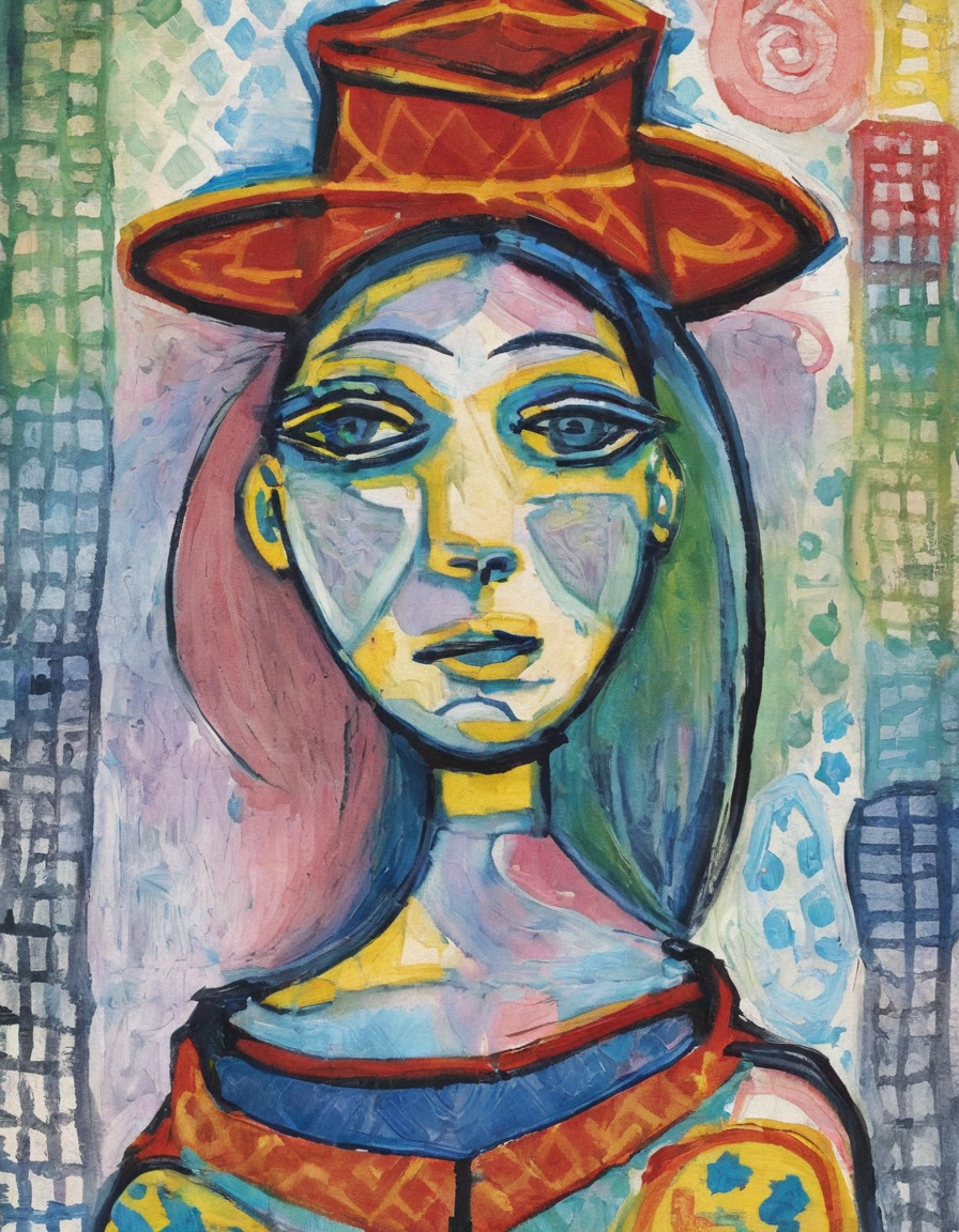 <lora:p5c0:0.9>p5c0 woman hat background with patterns and fingerpaint texture