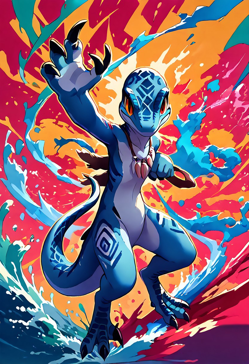 score_9, score_8_up, score_7_up, score_6_up, score_5_up, score_4_up, source_furry, source_anime, BREAK, dinosaur standing up with a glowing bow in one hand, (tribal outfit,bow, arrows, tribal markings, tribal paint,) action pose,anthro, looking at viewer, tail, anthro, Blue_jw, dinosaur, raptor, scales, tail, claws, talons, blue scales, yellow sclera, slit pupils, female,1girl,female focus,looking at viewer,full body,scalie, no human,illustration, fortnitelsxl, aura, energy, multicolored background, thick multicolored outline, background: waves of paint, reij-splshpwdr, ink lined illustration, Kemono