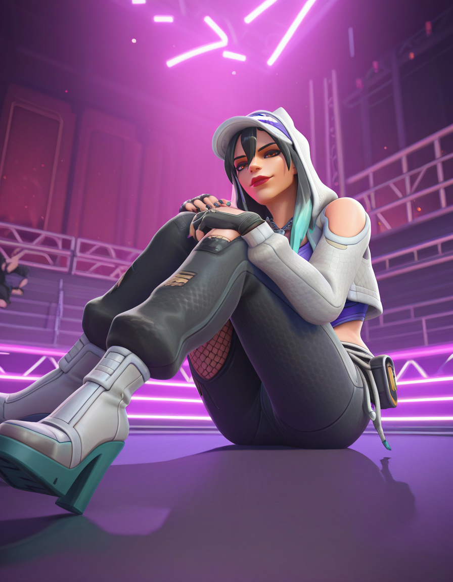 Masterpiece, high-res, 2k, best quality, 3d, solo focus, ashefearless, ashe (overwatch) , Lying on her side with knees up, in a concert stage, at night, neon lights <lora:Ashefearless_illus-000037:1>