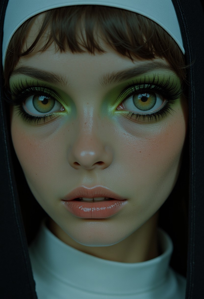 A highly detailed close-up of a nun in 70s style with bold eyeshadow. Her face is softly illuminated, exuding a mysterious allure. The eyes are adorned with striking, DARK olive green eyeshadow and eye-lashes that accentuates her deep, expressive gaze. Her hair is tucked under a classic nun's habit, and the contrast between her simple white garment and the vibrant colors of her eyeshadow enhances the eye-catching 70s look. Her lips are slightly parted, adding a hint of playfulness, while soft shading highlights the curves of her face. The monochrome background enhances the timeless elegance, while subtle color accents, such as a gentle glow on her lips, enhance the atmosphere of dark enchantment.
Nistyle, monochrome analog photo, extreme face close-up, a captivating ethereal nun, royal aura, alluring charm, hyper-detailed photorealistic, with vibrant neon color highlights, gray, white, and soft pastel tones.