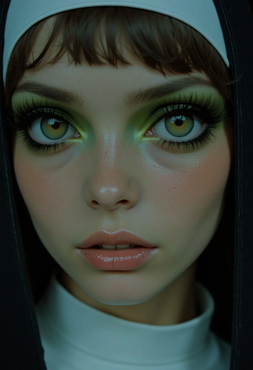 A highly detailed close-up of a nun in 70s style with bold eyeshadow. Her face is softly illuminated, exuding a mysterious allure. The eyes are adorned with striking, DARK olive green eyeshadow and eye-lashes that accentuates her deep, expressive gaze. Her hair is tucked under a classic nun's habit, and the contrast between her simple white garment and the vibrant colors of her eyeshadow enhances the eye-catching 70s look. Her lips are slightly parted, adding a hint of playfulness, while soft shading highlights the curves of her face. The monochrome background enhances the timeless elegance, while subtle color accents, such as a gentle glow on her lips, enhance the atmosphere of dark enchantment.
Nistyle, monochrome analog photo, extreme face close-up, a captivating ethereal nun, royal aura, alluring charm, hyper-detailed photorealistic, with vibrant neon color highlights, gray, white, and soft pastel tones.