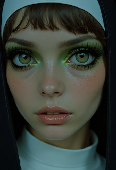 A highly detailed close-up of a nun in 70s style with bold eyeshadow. Her face is softly illuminated, exuding a mysterious allure. The eyes are adorned with striking, DARK olive green eyeshadow and eye-lashes that accentuates her deep, expressive gaze. Her hair is tucked under a classic nun's habit, and the contrast between her simple white garment and the vibrant colors of her eyeshadow enhances the eye-catching 70s look. Her lips are slightly parted, adding a hint of playfulness, while soft shading highlights the curves of her face. The monochrome background enhances the timeless elegance, while subtle color accents, such as a gentle glow on her lips, enhance the atmosphere of dark enchantment.
Nistyle, monochrome analog photo, extreme face close-up, a captivating ethereal nun, royal aura, alluring charm, hyper-detailed photorealistic, with vibrant neon color highlights, gray, white, and soft pastel tones.