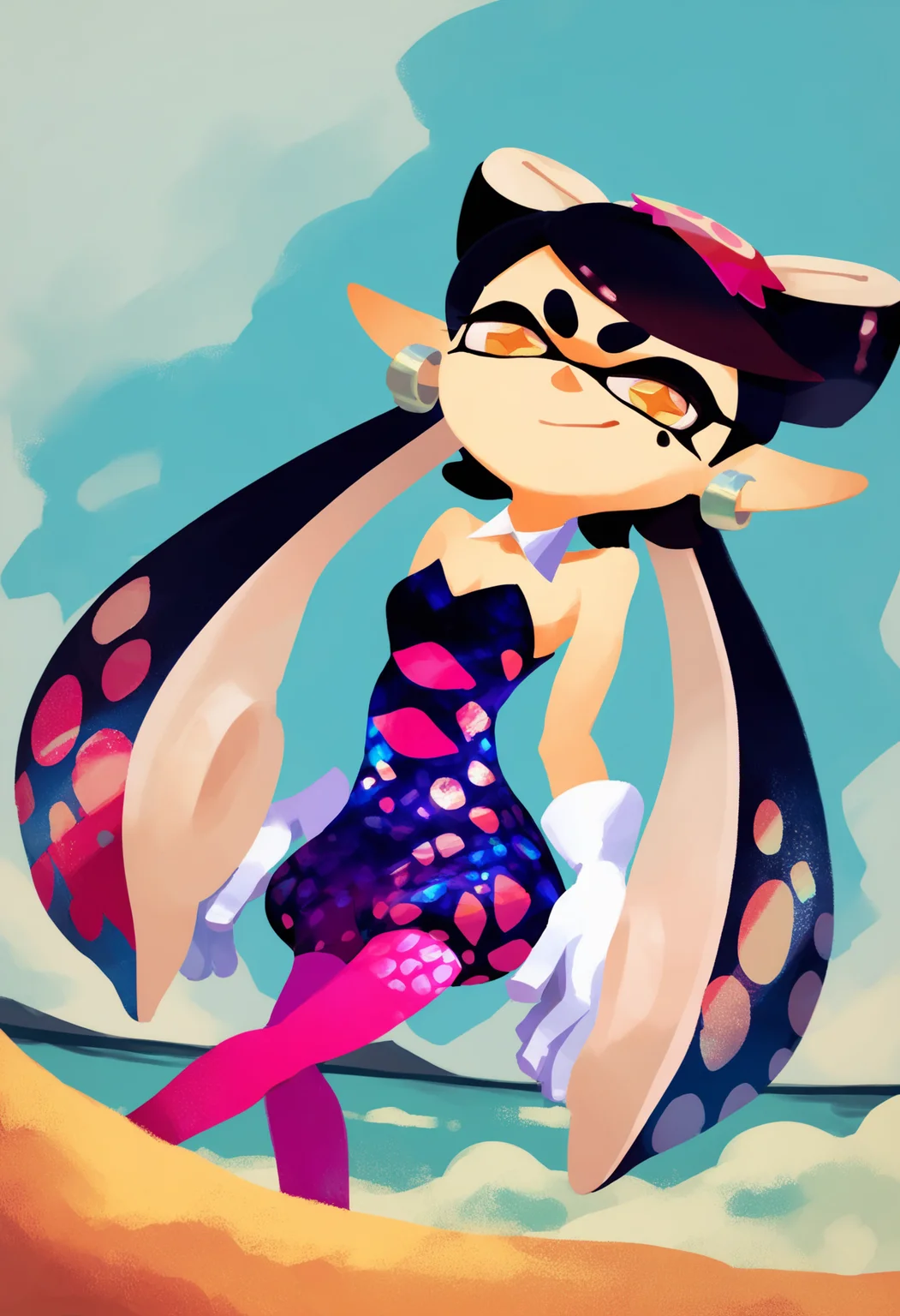 score_9, score_8_up, score_7_up, score_6_up, score_5_up, score_4_up, BREAK,
1girl, callie \(splatoon\), long hair, black hair, yellow eyes, pointy ears, tentacle hair, inkling,
detached collar, dress, purple pantyhose, short jumpsuit, strapless, white gloves,
challenging the viewer, smirk, BREAK, sand, sea, blue sky, tropical island background <lora:SplatoonXLLocon:1>