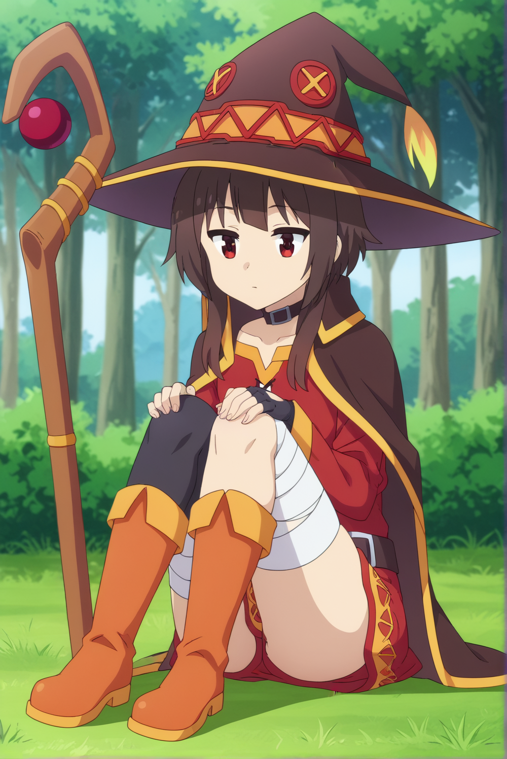 <lora:Tifa_LockhartV2:0.8>, white background, 1girl, solo, short hair, long sleeves, gloves, dress, thighhighs, hat, closed mouth, sitting, sidelocks, outdoors, boots, black gloves, choker, belt, black thighhighs, fingerless gloves, cape, tree, black choker, witch hat, expressionless, brown footwear, bandages, red dress, grass, staff, single thighhigh, knees up, nature, short hair with long locks, asymmetrical legwear, forest, black cape, on ground, bandaged leg, hands on own knees, orange footwear