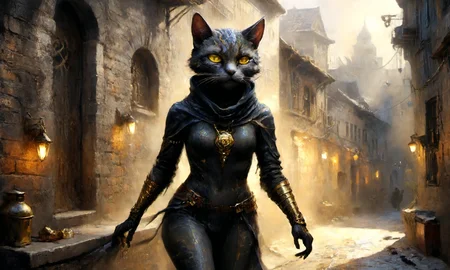 7. Tabaxi Rogue: Her lean figure shifts through shadowed alleys as catlike iridescent fur ripples across slender limbs; golden eyes watch for opportunity beneath a black cowl adorn with bellsâa master thief and cunning infiltrator, she moves like a whisper on the wind. in a dystopian future, detailed setting, with mist and smoke, and colorful accent lighting <lora:LaxpeintXL-2.0:1> <lora:xl_more_art-full_v1:1> <lora:add-detail-xl:1>