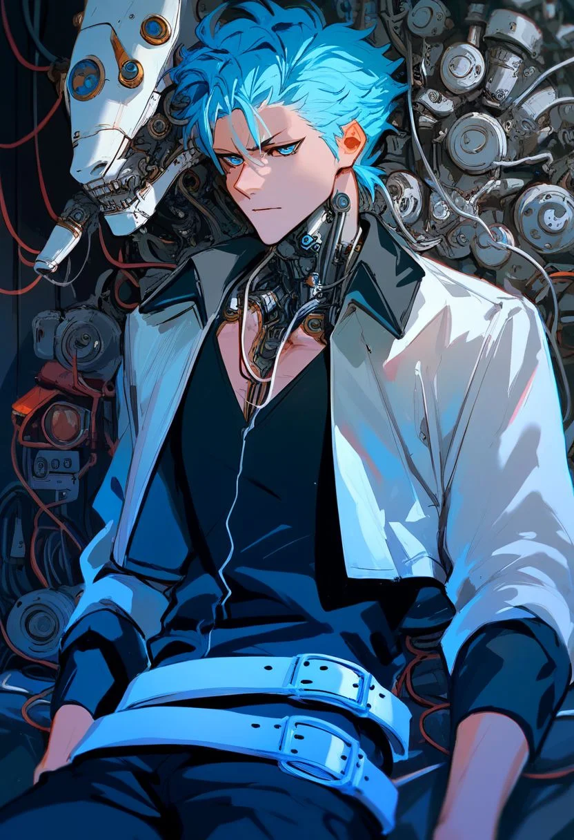 Grimmjow, blue hair, blue eyes, white crop jacket, black shirt, black pants, white belt, score_9, score_8_up, score_7_up, source_anime, reelmech, mechanical parts, cable, wires, machinery, joints, body suit