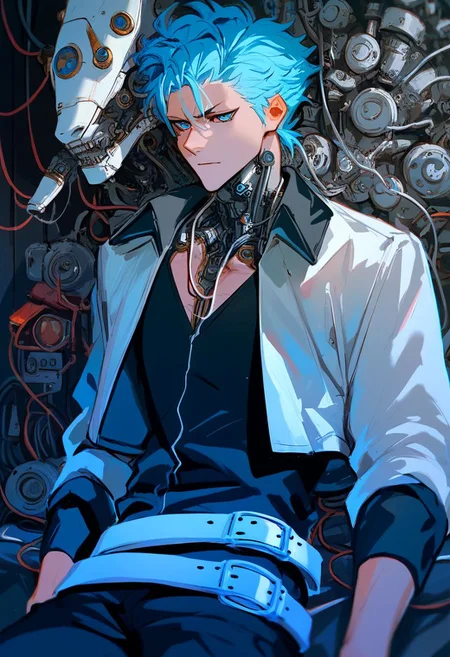 Grimmjow, blue hair, blue eyes, white crop jacket, black shirt, black pants, white belt, score_9, score_8_up, score_7_up, source_anime, reelmech, mechanical parts, cable, wires, machinery, joints, body suit
