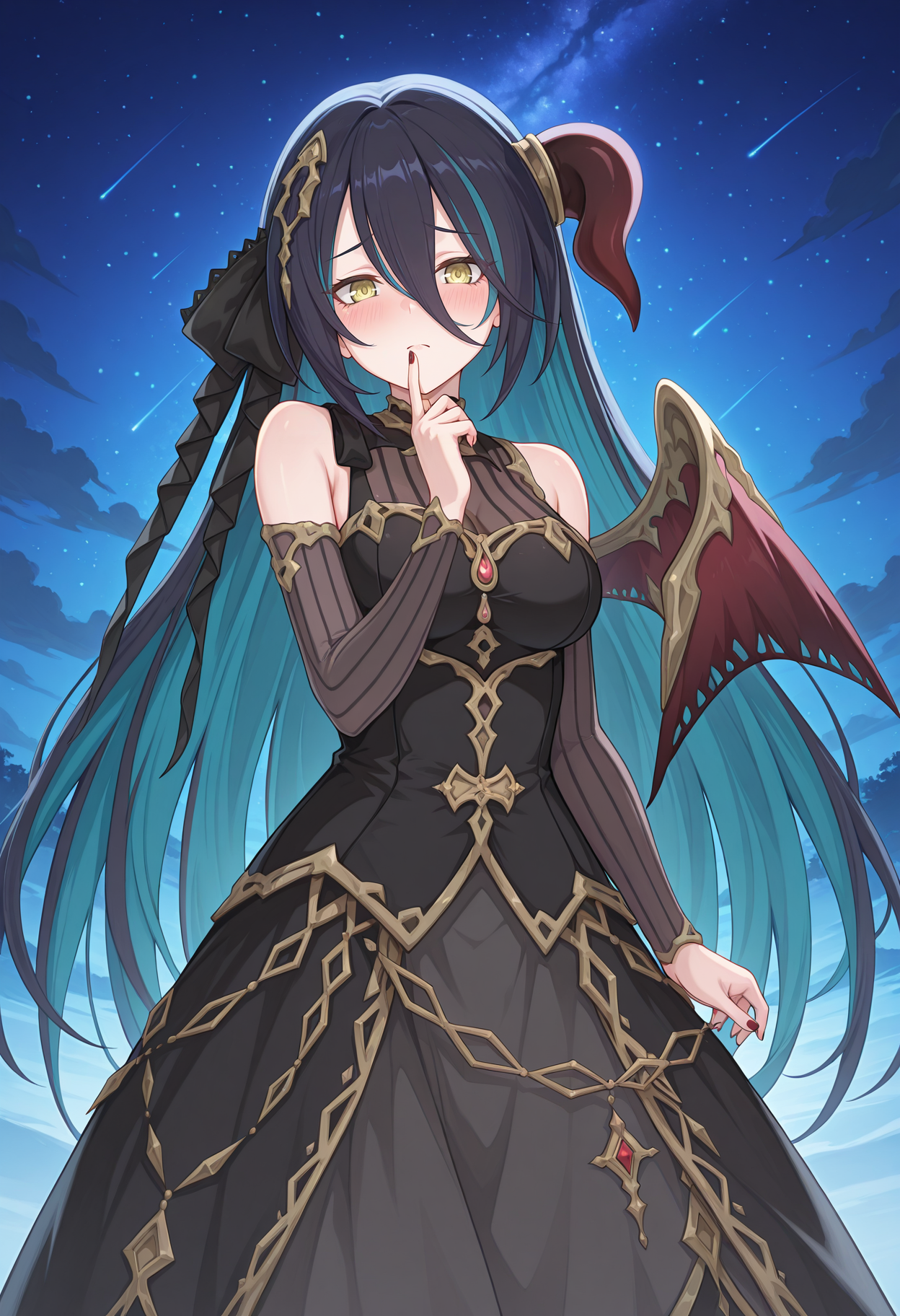 highres, best quality, masterpiece, starry sky, night,
1girl, solo, pcranpha, black hair, blue hair, very long hair, two-tone hair, streaked hair, single horn, horn ring, single wing, yellow eyes, green eyes, hair between eyes, nail polish,
rnphdef, hair ribbon, black ribbon, hair ornament, black dress, sleeveless dress, gold trim, see-through cleavage, vertical-striped clothes, detached sleeves, grey sleeves, grey skirt, long skirt, overskirt,
looking at viewer, frown, blush,
standing, finger to mouth,
<lora:_ranpha_pcr-elesico-ilxlB:1>