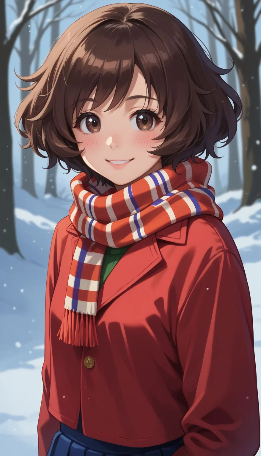 score_9, score_8_up, score_7_up, score_6_up, , solo, 20yo woman, (Beuty:1.1) , (cute:1.3), ,perfecteyes , seductive smile,perfect (photo realistic:1.2), (simple background:1.1),
<lora:Akiyama:0.9> 1girl, akiyama yukari, short hair, messy hair, bangs, brown hair, brown eyes, looking at you, skirt, outdoors, scarf, winter, smile, blush
