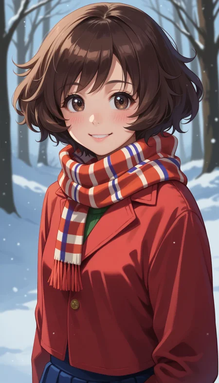 score_9, score_8_up, score_7_up, score_6_up, , solo, 20yo woman, (Beuty:1.1) , (cute:1.3), ,perfecteyes , seductive smile,perfect (photo realistic:1.2), (simple background:1.1),
<lora:Akiyama:0.9> 1girl, akiyama yukari, short hair, messy hair, bangs, brown hair, brown eyes, looking at you, skirt, outdoors, scarf, winter, smile, blush
