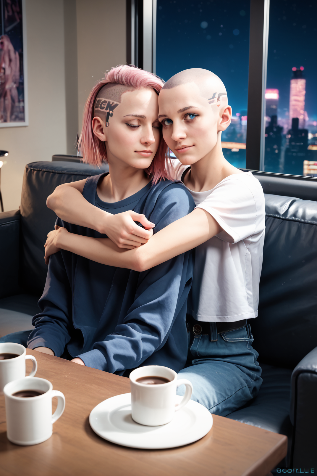 zPDXL, zPDXLpg, zPDXLrl, 2girls, beautiful, shaved head, pink hair, hugging, cyberpunk living room, sofa, chairs, coffee table, night, cityscape in the background