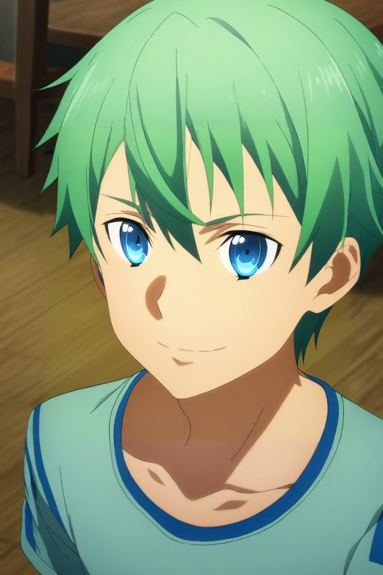 score_9, score_8_up, score_7_up, source_anime, rating_safe, , anime screencap, anime coloring, official style, , depth of field, 1boy, male focus, Sapphire eyes, green hair, ,, solo, from above, restaurant, indoors, dark, w arms, naughty smile, <lora:sao_alicization_style_pony:1>, sao_alicization_style, <lora:sdxl_lightning_8step_lora:1>