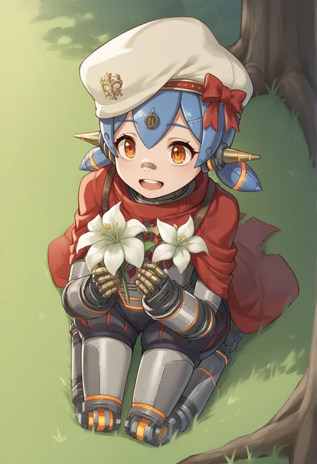 1girl, humanoid robot, robot joints, robot ears, mechanical hair, blue hair, orange eyes, low twintails, hair ornament, bandaid on nose, mechanical arms, mechanical legs, beret, cape, flower, bloomers, kneeling, holding flower, from above, outdoors, forest, grass, smile, open mouth <lora:Poppi_Alpha:1>, score_9, score_8_up, score_7_up, score_6_up, score_5_up, score_4_up, BREAK source_anime, masterpiece