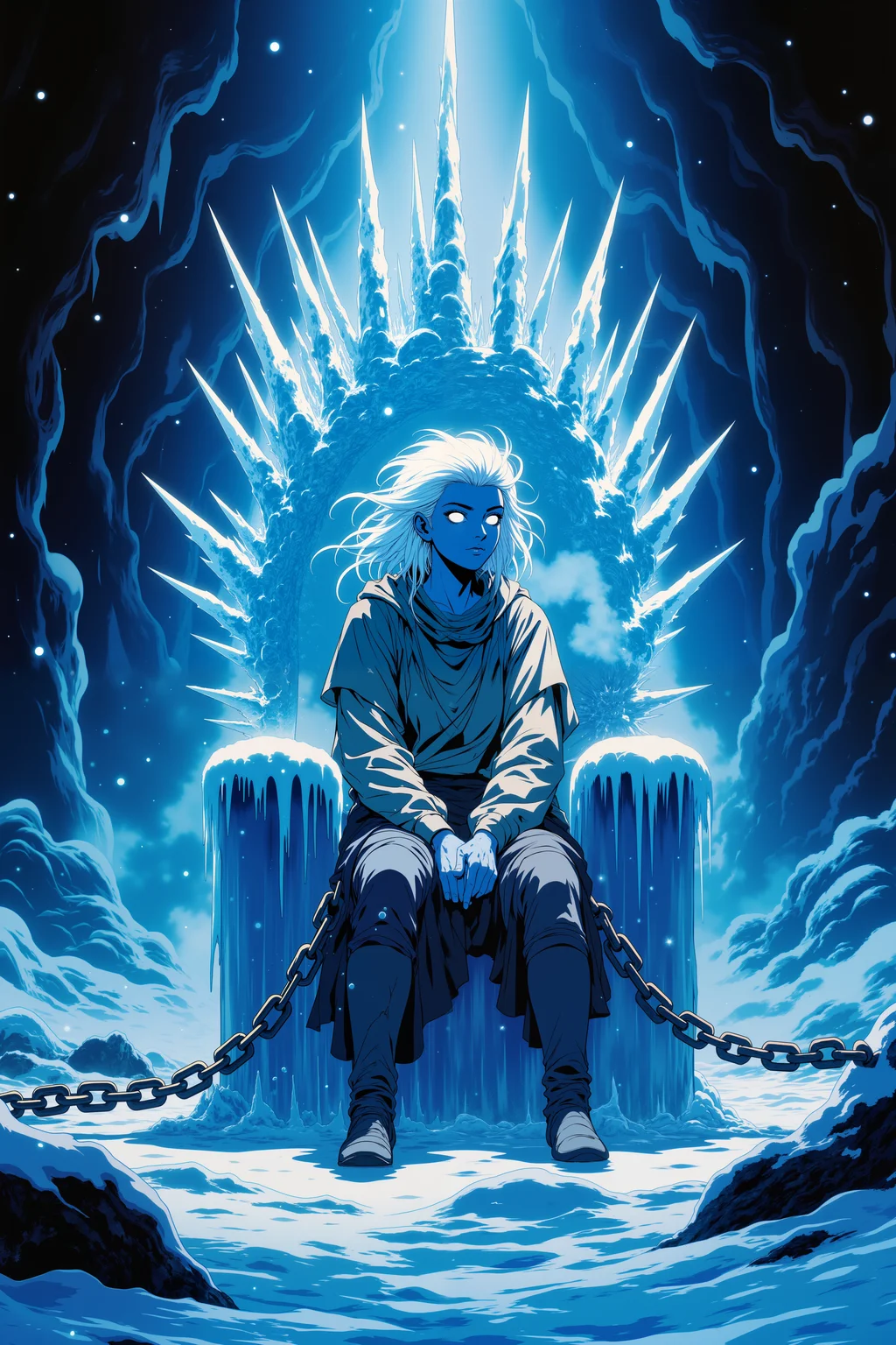 ne0nfant4sy, In a massive chamber carved from solid ice, a figure with translucent blue skin and hair like frozen mist is chained to an icy throne, her cold, glowing eyes staring out over a desolate frozen wasteland. The throne is adorned with sharp, jagged icicles that glisten in the faint light filtering through the cavern walls, and her chains, made of enchanted frost, shimmer with a soft, white glow. Her breath forms small clouds in the frigid air, and her torn clothing clings to her skin, barely providing warmth against the biting cold. The walls of the chamber are covered in intricate frost patterns that seem to shift and move, reflecting the light in dazzling, crystalline rainbows. Above, the ceiling is a mass of frozen stalactites, some of which drip with freezing water that forms small, glistening pools on the floor. The air is still and silent, save for the occasional creak of the ice as it shifts under the weight of centuries. Outside the cavernâs entrance, an endless expanse of snow and ice stretches out, the wind howling across the frozen landscape like a distant, mournful song. The atmosphere is one of frozen eternity, where time itself seems to have stopped, trapping the figure in a prison of cold and isolation.<lora:RetroAnimeFluxV1:0.5><lora:NeonFantasyFLUX:0.3>