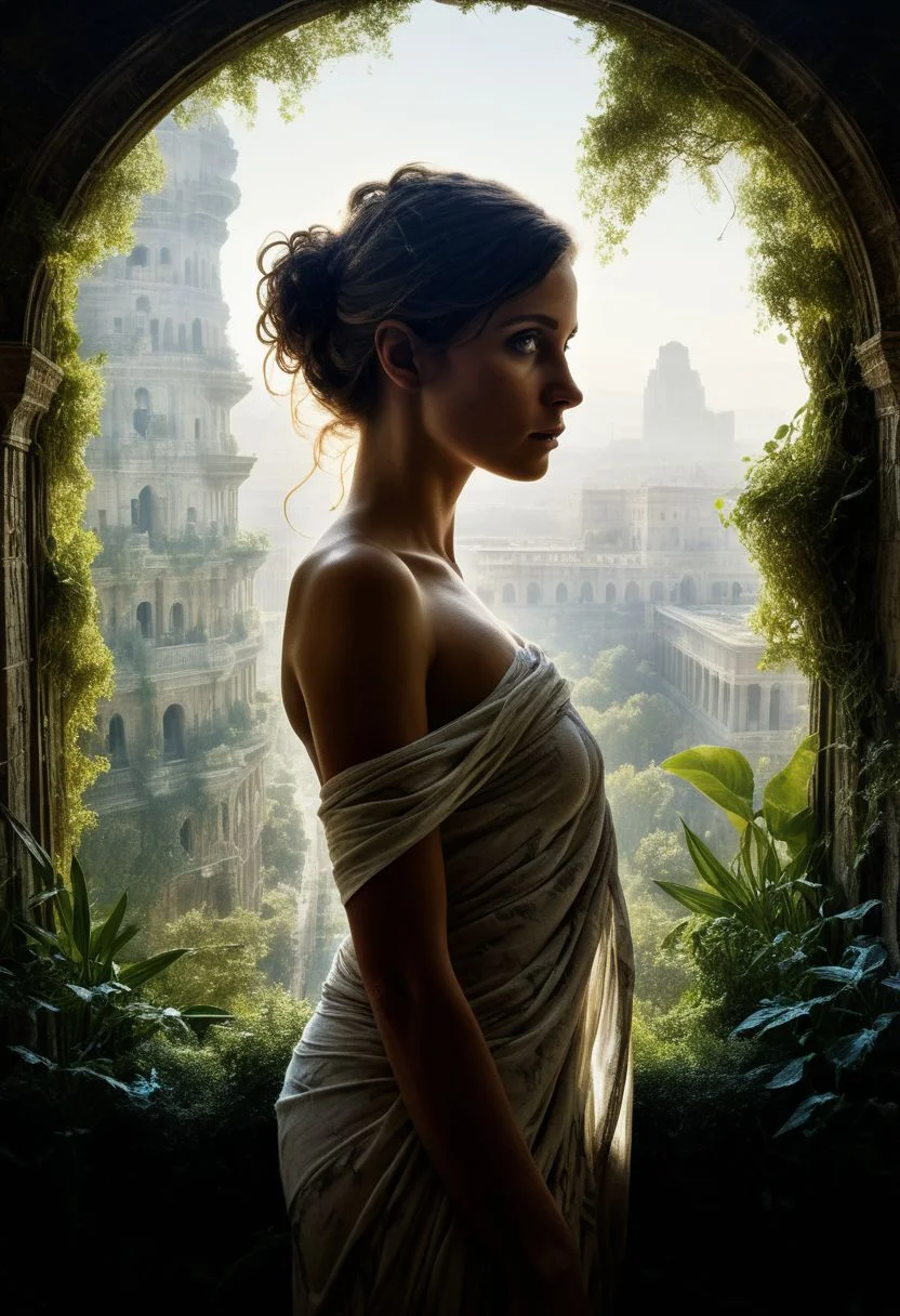 mysterious silhouette beautiful antique woman in a toga, (hanging gardens of babylon), goddess, alluring, by Minjae Lee, Carne Griffiths, Emily Kell, Steve McCurry, Geoffroy Thoorens, Aaron Horkey, Jordan Grimmer, Greg Rutkowski, amazing depth, double exposure, surreal, geometric patterns, intricately detailed, bokeh, perfect balanced, deep fine borders, artistic photorealism , smooth, great masterwork by head of prompt engineering <lora:add-detail-xl:2> <lora:Double_Exposure:0.5> , very close-up