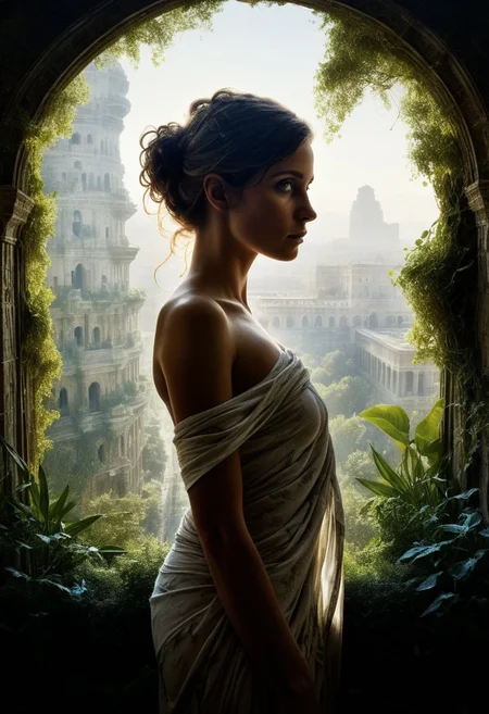 mysterious silhouette beautiful antique woman in a toga, (hanging gardens of babylon), goddess, alluring, by Minjae Lee, Carne Griffiths, Emily Kell, Steve McCurry, Geoffroy Thoorens, Aaron Horkey, Jordan Grimmer, Greg Rutkowski, amazing depth, double exposure, surreal, geometric patterns, intricately detailed, bokeh, perfect balanced, deep fine borders, artistic photorealism , smooth, great masterwork by head of prompt engineering <lora:add-detail-xl:2> <lora:Double_Exposure:0.5> , very close-up