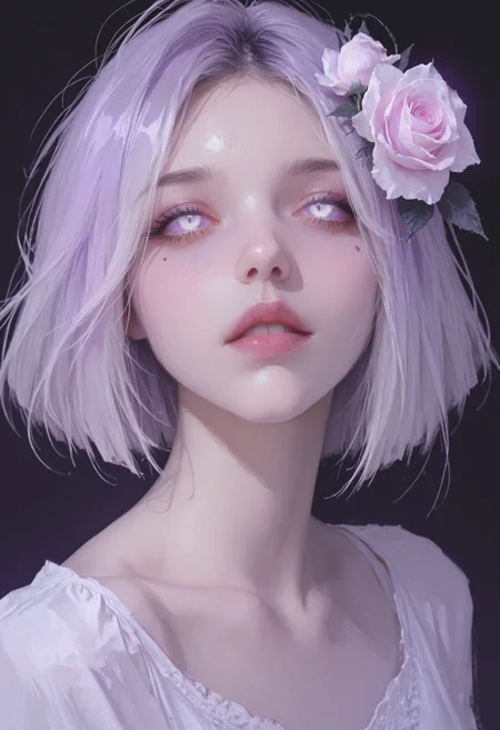 masterpiece, best quality, amazing quality, lldn, watercolor, detailed drawing, 1girl, flower, mole, solo, portrait, rose, glowing, mole under eye, parted lips, looking at viewer, simple background, black background, purple theme, glowing eyes, white eyes, short hair
<lora:ppw_v7_animv4_1_r2:0.6> <lora:748cm_illu:0.6> 7481llu <lora:69yottea_illu_v2:0.4> <lora:illustrious_all_rated_v1:0.6> masterpiece, best quality, very aesthetic, <lora:LLDN-IL:0.6>