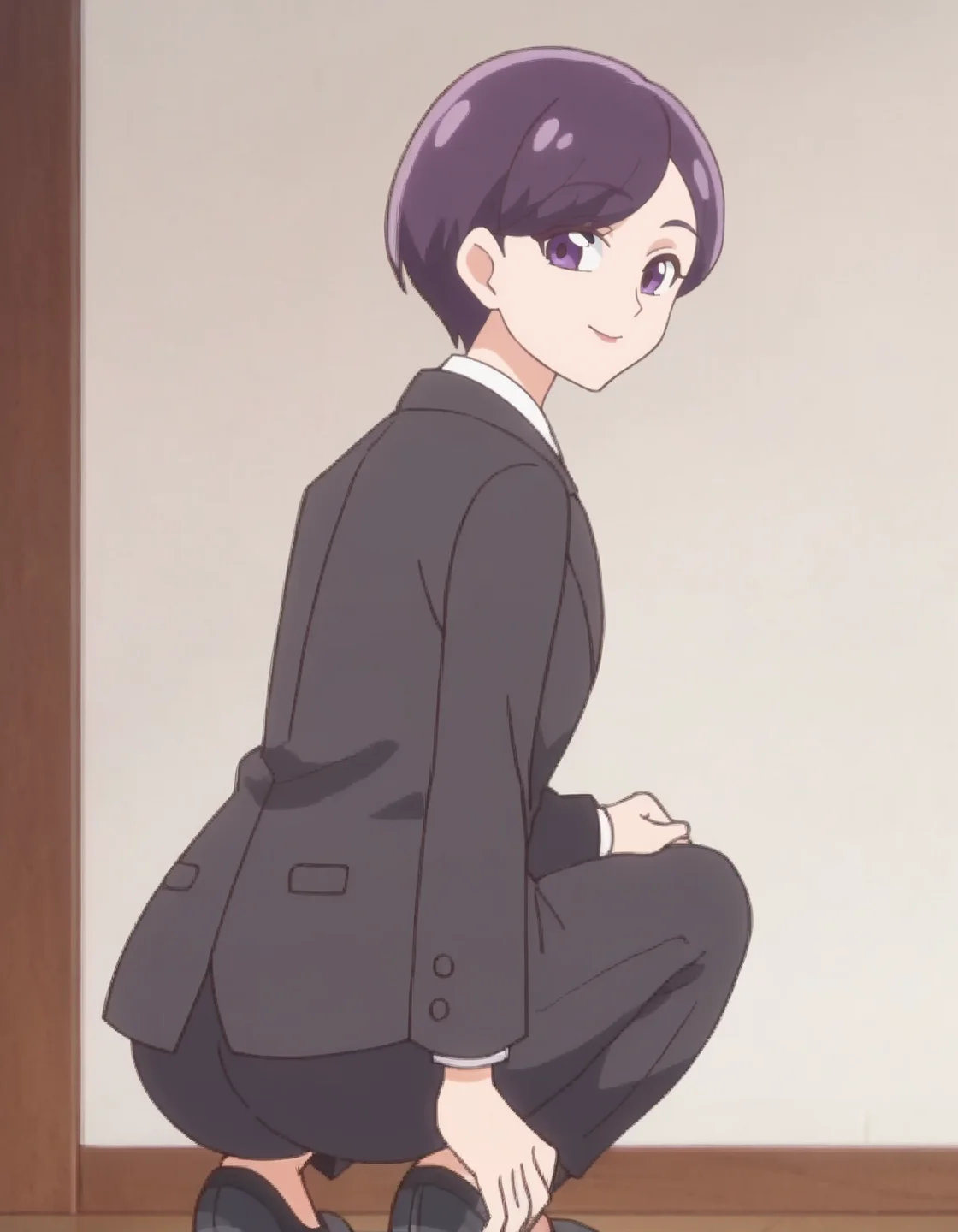 score_9, score_8_up, score_7_up, anime screencap, solo,1girl,shigureai, looking at viewer, smile, shirt, formal, black pants, white shirt, suit,black jacket, pant suit, large breasts,wide hip,cowboy shot,squatting,from behind,ass<lora:shigureai_pony:0.8>