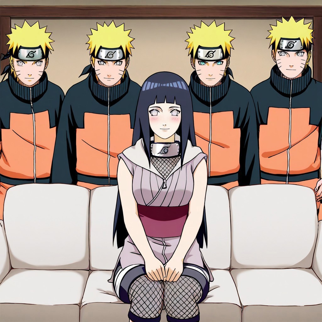 masterpiece, best quality, newest, absurdres, highres, anime, anime style, PiperPerriMemeIL-V1.0, BREAK 1girl, sitting, sitting on couch hinata_hyuuga, hinata/(naruto/), long hair, white eyes, black hair, BREAK multiple boys, standing, naruto/(naruto/), blonde hair, spiky hair, orange shirt,