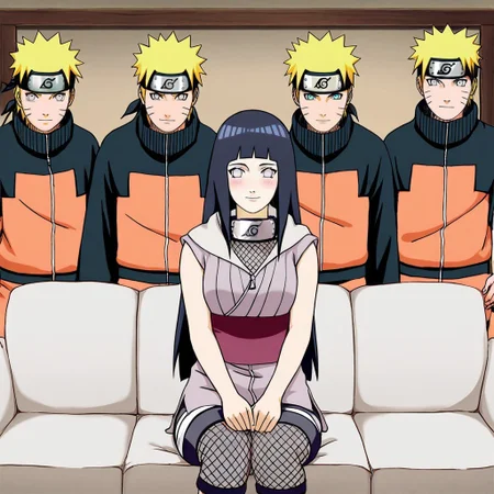 masterpiece, best quality, newest, absurdres, highres, anime, anime style, PiperPerriMemeIL-V1.0, BREAK 1girl, sitting, sitting on couch hinata_hyuuga, hinata/(naruto/), long hair, white eyes, black hair, BREAK multiple boys, standing, naruto/(naruto/), blonde hair, spiky hair, orange shirt,