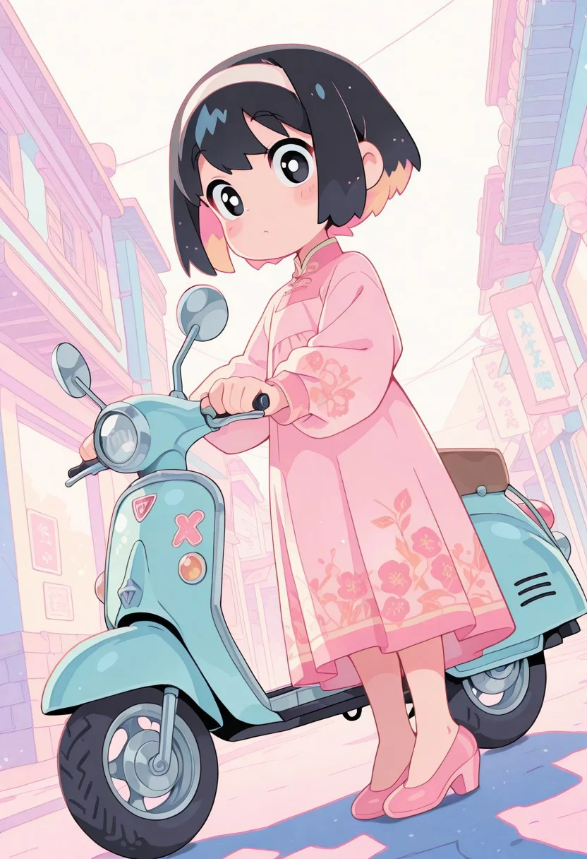 score_9, score_8_up, score_8, pastel colors, highly detailed, masterpiece, source_anime, cinematic light, (cute:1.2), (adorable:1.2), best quality, amazing quality, studio anime, official style, masterpiece, anime screencap, anime style, dynamic composition, dynamic angle, dramatic lighting, very awa, rich and vibrant colors, rating_cute, cute, ray tracing, best quality, 1girl, (masterpiece, detailed:1.2), best quality, highly detailed, very aesthetic, absurdres, newest, pointed-toe pumps, mid-short hair, Vietnamese floral long dress, Balayage Highlights, (small colorful Hanoi street), looking at viewer, standing next to a vintage Piaggio scooter, white hairband, black eyes, (slight smile:0.4),