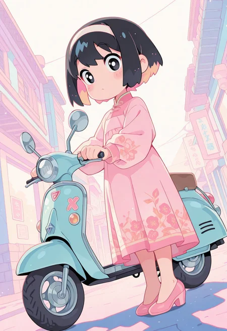 score_9, score_8_up, score_8, pastel colors, highly detailed, masterpiece, source_anime, cinematic light, (cute:1.2), (adorable:1.2), best quality, amazing quality, studio anime, official style, masterpiece, anime screencap, anime style, dynamic composition, dynamic angle, dramatic lighting, very awa, rich and vibrant colors, rating_cute, cute, ray tracing, best quality, 1girl, (masterpiece, detailed:1.2), best quality, highly detailed, very aesthetic, absurdres, newest, pointed-toe pumps, mid-short hair, Vietnamese floral long dress, Balayage Highlights, (small colorful Hanoi street), looking at viewer, standing next to a vintage Piaggio scooter, white hairband, black eyes, (slight smile:0.4),