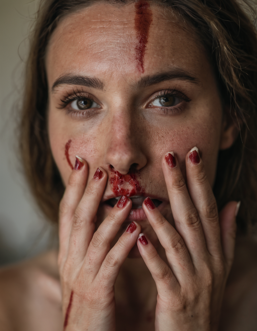 Close-up portrait, (intense gaze:1.2), (blood-streaked face:1.3), (detailed bruises on hands:1.2), (tearful eyes:1.1), gripping chin, raw emotion, high resolution, (vivid detail:1.1), strong contrast, dark hair, ambient lighting, shallow depth of field, Canon EOS 5D Mark IV, 1/125s, f/2.8, ISO 100, natural skin texture, emotional storytelling,
