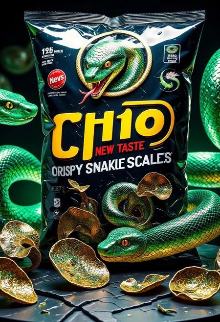 sn4k3, aidmamj6.1, anime, cyberpunk, A surreal and imaginative image of a bag of chips labeled "Chio New Taste: Crispy Snake Scales." The packaging is bold and eye-catching, featuring a stylized serpent mascot with glowing eyes and a forked tongue, coiling around the logo.
The chips inside are not ordinary—they are shimmering, crispy snake scales with an iridescent sheen, reflecting hues of green, gold, and black. Some chips are curled, while others lay flat, detailed with intricate scale patterns. A few spill out of the bag onto a surface, emphasizing their unique, crunchy texture.
The background could resemble a modern snack advertisement or a mysterious market, hinting at this being a rare delicacy with a mythical or magical origin. The scene balances realism and fantasy, making the unusual snack feel both intriguing and strangely appetizing.