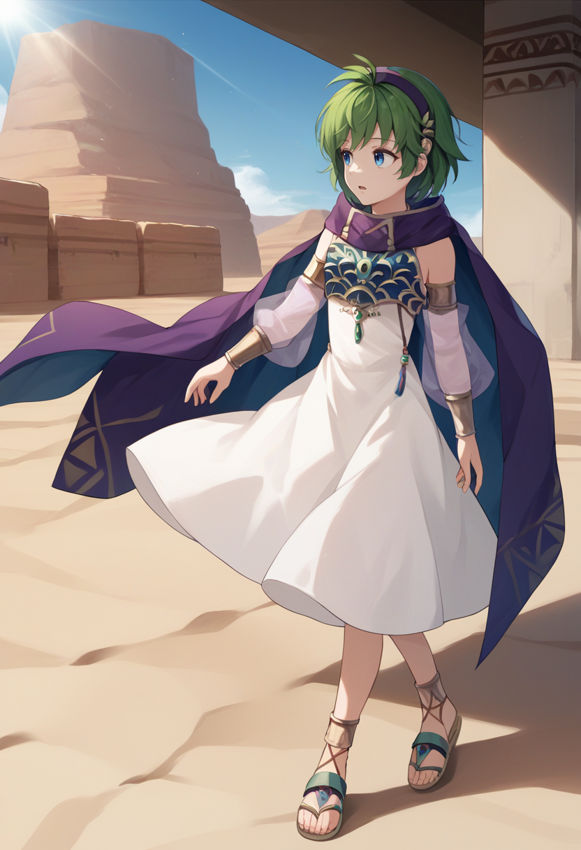 score_9, score_8_up, score_7_up, source_anime BREAK 1girl, solo, <lora:nino-fe-richy-v1_pdxl:1> ninoss, blue eyes, green hair, short hair, antenna hair, purple hairband, hair ornament, purple cape, white dress, blue breastplate, detached sleeves, see-through sleeves, vambraces, sandals, open mouth, parted lips, looking to the side, desert, outdoors, blue sky, clear sky, sunlight,