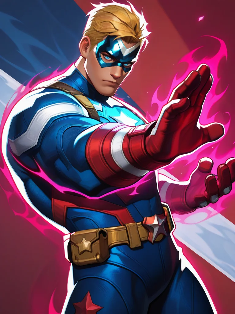 highres, hi res, best quality, masterpiece, intricate details, absurdres, 4k,, semi realistic, cartoon,
1boy, captain america \(series\), shild, blonde, muscular, blue bodysuit,,, aura,, looking at viewer, dynamic pose, fighting stance, cowboy shot, multicolored background, dutch angle,
, MarvelRivals, <lora:AMarvelRivals_style-06:1>
