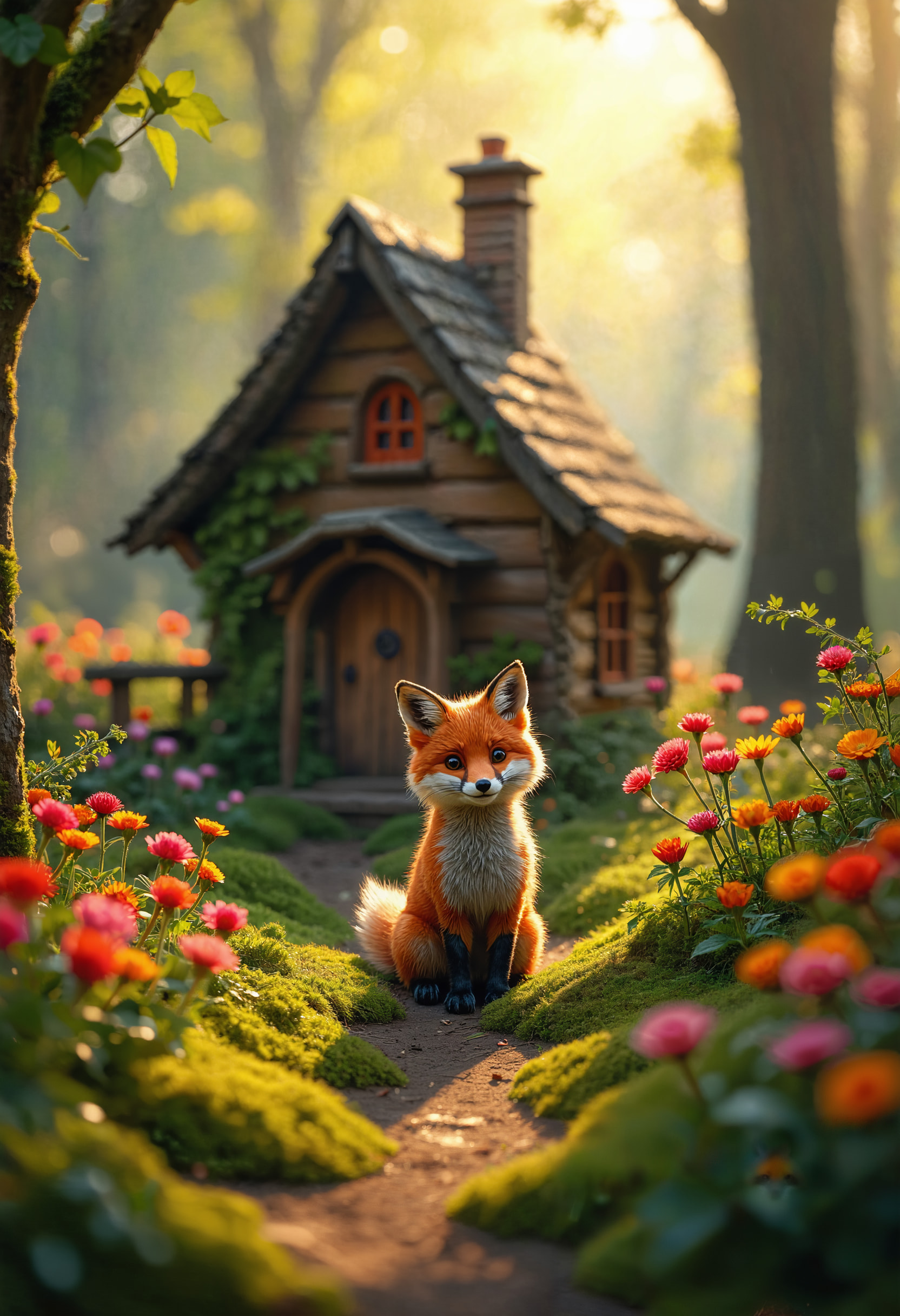 A whimsical fairytale shot of a cute fox sitting in front of a charming, little wooden house nestled in a magical forest. The scene is illuminated by soft morning sun rays filtering through the leaves, casting dappled light on the vibrant, colorful flowers surrounding the house. The forest is lush and enchanting, with hints of moss on the ground and tree trunks, creating a serene and inviting atmosphere.