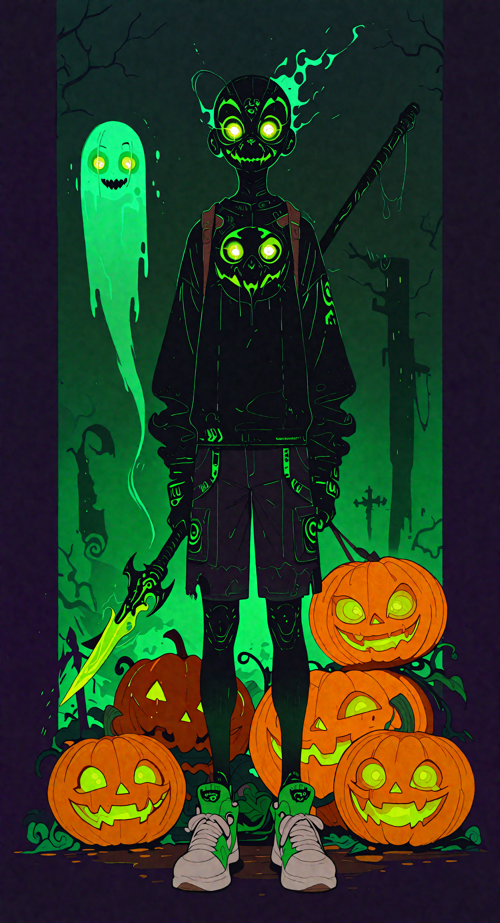 masterpiece,best quality,amazing quality, solo, looking at viewer, 1boy, holding, standing, green eyes, male focus, weapon, shorts, shoes, holding weapon, mask, glowing, sneakers, glowing eyes, halloween, ghost, jack-o'-lantern, pumpkin, Flatline, Flat vector illustration,
rapscallionstyle <lora:ponyv6_noobE11_2_adamW-000017:0.3> <lora:mon_monmon2133:0.6> <lora:114558v4df2fsdf5:1> <lora:checkpoint-e18_s306:1.3> <lora:Rapscallion_Illustrious:0.7>