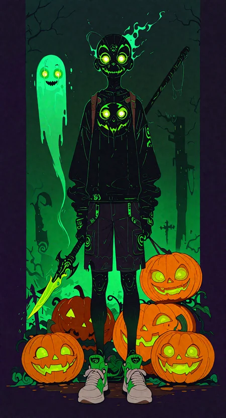 masterpiece,best quality,amazing quality, solo, looking at viewer, 1boy, holding, standing, green eyes, male focus, weapon, shorts, shoes, holding weapon, mask, glowing, sneakers, glowing eyes, halloween, ghost, jack-o'-lantern, pumpkin, Flatline, Flat vector illustration,
rapscallionstyle <lora:ponyv6_noobE11_2_adamW-000017:0.3> <lora:mon_monmon2133:0.6> <lora:114558v4df2fsdf5:1> <lora:checkpoint-e18_s306:1.3> <lora:Rapscallion_Illustrious:0.7>