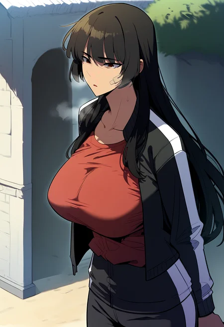 score_9, score_8_up, score_7_up, score_6_up, source_anime, rating_explicit, <lora:neg4all_bdsqlsz_V3.5:2.0>1girl, (solo:1.1), huge breasts, <lora:Yoo Yeonhwaponyxl:1> long hair, black hair, bandaid on face, brown eyes, red eyes, dark skin, collarbone, track jacket, black jacket, open jacket, red shirt, track pants, black pants, expressionless, open mouth, Narrow shoulders, heavy breathing, steaming body, dungeon, outdoors, close-up