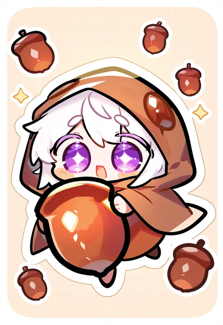 purple eyes, solo, food, + +, chibi, white hair, outline, acorn, holding, white outline, holding food, hood, open mouth, male focus, hood up, 1girl, sparkling eyes,
masterpiece,best quality,amazing quality, <lora:omoyunakyu715-_style_Illustrious:1>, omoyu_nakyu715,