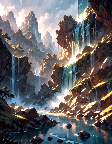 score_9, score_8_up, score_7_up, score_6_up, MTGr3b3cc4 style, painting, water, no humans, rock, waterfall, rushing water, jagged rocks, outdoors,