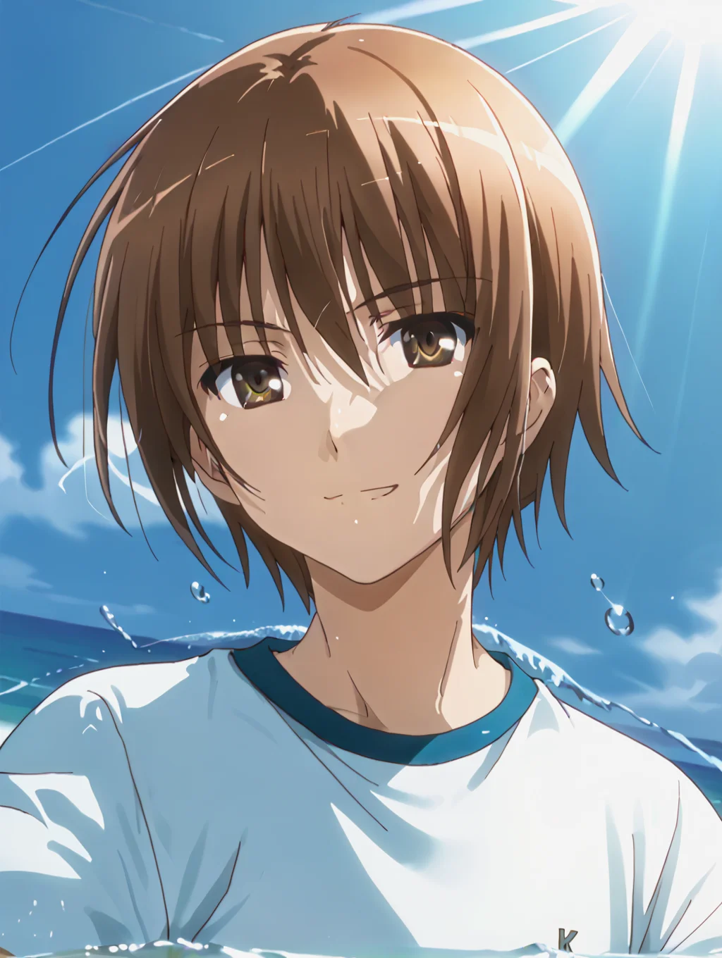 (zPDXL3), score_9, score_8_up, score_7_up, source_anime,
hasegawa subaru, gym uniform, 1boy, solo, looking at viewer, smile, short hair, closed mouth, upper body, male focus, water, ocean, sunlight, light smile, wind, portrait, close-up
<lora:ro-kyu-bu_pony_v1-000012:1>,