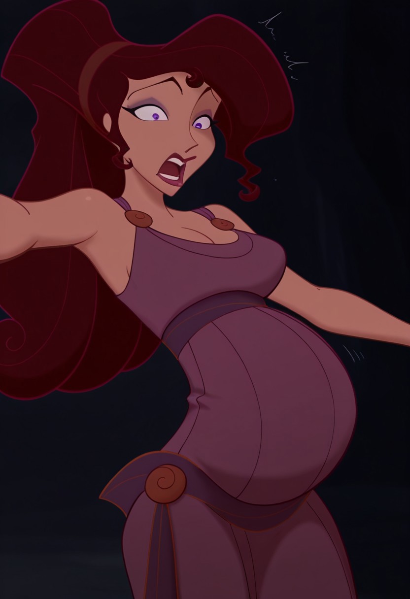 1girl, masterpiece, best quality, amazing quality, absurdres, <lora:Megara__Illustrious:1> m3g4r4, megara (hercules disney), long hair, tied hair, brown hair, purple eyes, purple Greek dress, cleavage, sexy makeup, lipstick, pregnant, arms stretched apart, suprised, shocked,