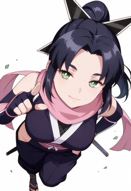 masterpiece,high quality details, ultra realistic, high detailed skin,absurdres,
pointing at viewer,
<lora:Ayaka_Kusagakure:0.8>
ayaka_cnr, 1girl, black hair, long hair, ponytail,parted bangs, sidelocks, green eyes, hair ornament,
bare shoulders, ninja, japanese clothes, kimono, sash,pink scarf,fingerless gloves, elbow gloves, sandals, sheath, pink ribbon,hip vent,, simple background, white background, from above,solo,, smug,crazy,