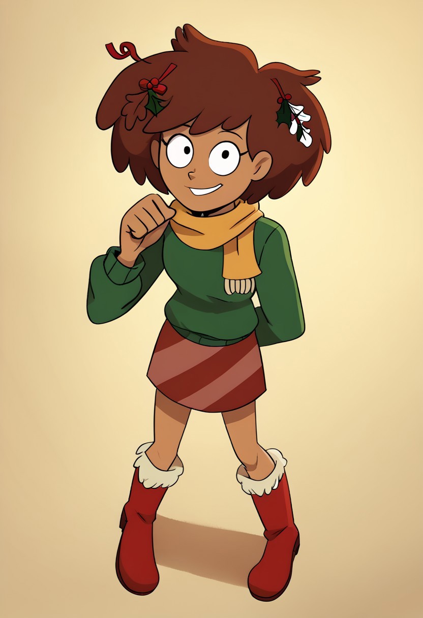 deadinsidestyle, channeboonchuy, , from above, , furry boots, plate skirt, , green jumper, , yellow scarf , christmas , candycane in hair, mistletoe in hair , solo