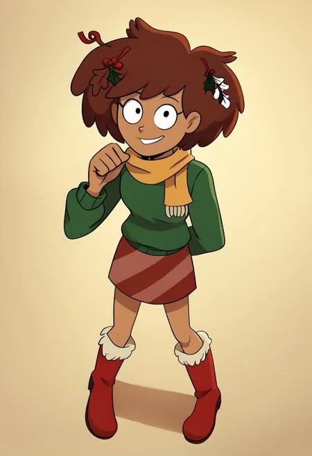 deadinsidestyle, channeboonchuy, , from above, , furry boots, plate skirt, , green jumper, , yellow scarf , christmas , candycane in hair, mistletoe in hair , solo