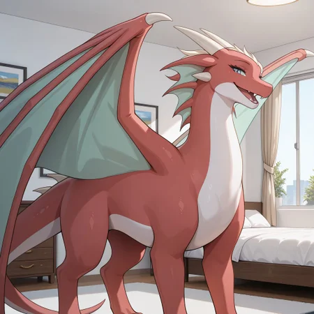 1girl, highres, absurdres, newest, masterpiece, best quality, furry, furry_female, Amelia_awsw, dragon, red scales, wings, horns, (feral, quadruped:1.3), detailed eyes, spread wings, (standing), open_mouth, open mouth smile, luxurious detailed room, bright room, day scene, professional lighting, white walls, solo, bedroom, smiling, seductive, looking_at_viewer, masterpiece, close up, safe