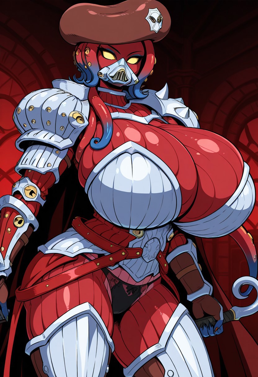 amazing quality,very aesthetic,absurdres,newest,4k resolutionmasterpiece,best quality,high quality,detailed shading,high contrast,cel-shading,anime screencap,anime coloring,no human,1girl,solo,Madakko,monster girl,tentacle hair,yellow eyes,no pupils,huge breasts,hat,mask,armor,panties