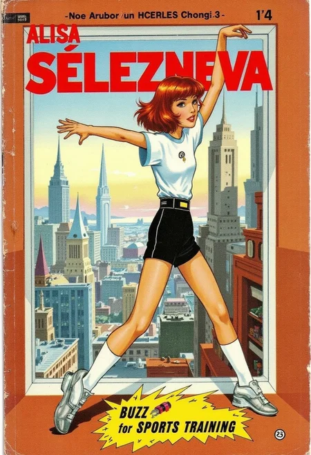 Vintage comic book cover with the red title "ALISA SELEZNEVA", featuring A thin athletic young girl with disheveled short red hair looks at the viewer and does a dynamic gymnastic exercise. She has grey-blue eyes, a Slavic type of face and a few freckles. she is dressed in a futuristic sports uniform consisting of a white tight-fitting sports top, on which the hammer and sickle emblem is invented, knee-length shorts, high knee socks, futuristic sneakers with backlight., "BUZZ  for SPORTS TRAINING" yellow text is featured at the bottom.  the girl is facing the viewer. behind her is a window in which you can see the sunny utopian city of the future in the style of atompunk. <lora:neeeg_f1:-1>