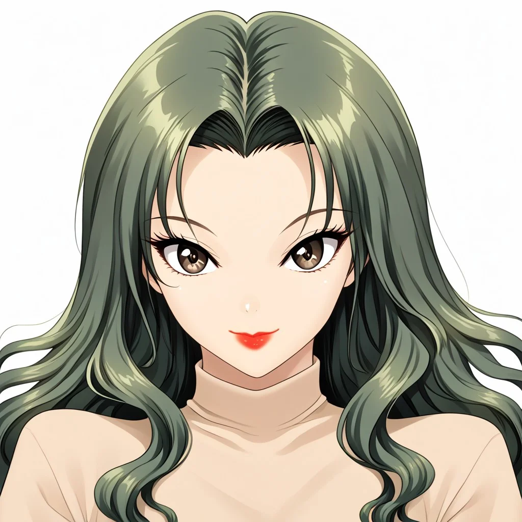 simple background, white background,
1girl, solo, face focus, light smile, closed mouth, looking at viewer,
oc03glwHbEnS, dark green hair, long hair, wavy hair, forehead, light brown eyes, detailed eyes, lipstick,
beige shirt,